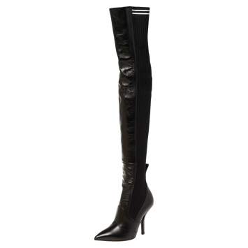 Pre Owned Fendi Black Leather And Stretch Knit Fabric Rockoko Thigh Boots Size 36