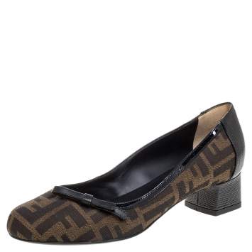 Pre Owned Fendi Brown Tobacco Zucca Canvas And Lizard Embossed Leather Bow Block Heel Pumps Size 37