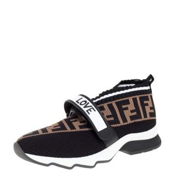 مملوكة مسبقًا Fendi Black/Brown Knit Fabric Rockoko FF Motif Inlay Sneakers Size 36