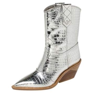 Pre Owned Fendi Silver Croc Embossed Leather Cutwalk Cowboy Boots Size 38