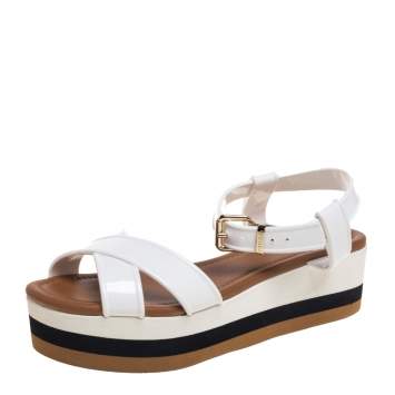 Pre Owned Fendi White Patent Leather Platform Crisscross Sandals Size 40