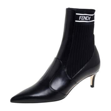 Pre Owned Fendi Black Leather And Knit Fabric Rockoko Pointed Toe Ankle Booties Size 37