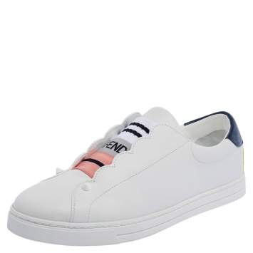 Pre Owned Fendi White Leather With Logo Knit Rockoko Scallop Detail Slip On Sneakers Size 40