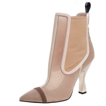 Pre Owned Fendi Nude Pink Mesh And Fabric Colibri Ankle Length Boots Size 39