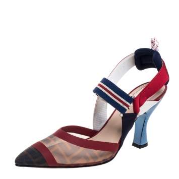 Pre Owned Fendi Multicolor FF Print Mesh And Nylon Colibri Slingback Sandals Size 40