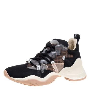 مملوكة مسبقًا Fendi Black/Brown Zucca Mesh Ffluid Lace Up Sneakers Size 40