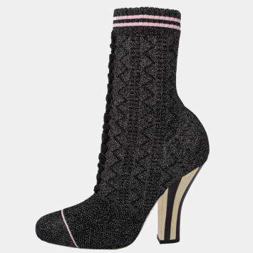 Pre Owned Fendi Black/Silver Lurex And Knit Fabric Sock Ankle Boots Size 39