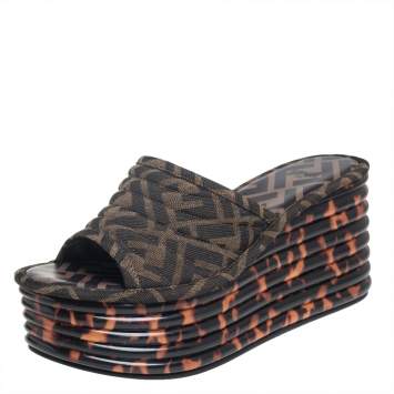 Pre Owned Fendi Brown/Black Zucca Canvas Promenade Wedge Platform Slide Sandals Size 36.5