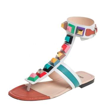Pre Owned Fendi Multicolor Leather Studded Ankle Cuff Flat Sandals Size 37