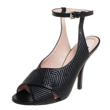 Pre Owned Fendi Logo Embossed Leather Ankle Strap Sandals Size 37