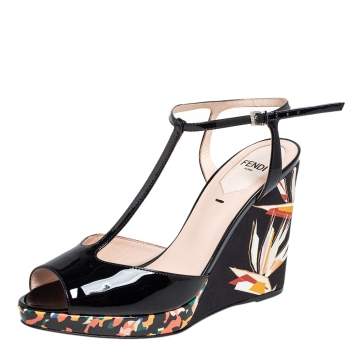 Pre Owned Fendi Black Patent Leather Printed Wedge T-Strap Sandals Size 36