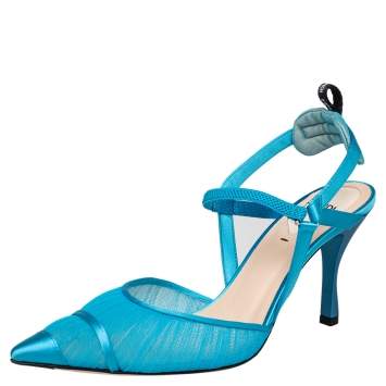 Pre Owned Fendi Blue Tulle And Satin Colibri Lite Slingback Sandals Size 39