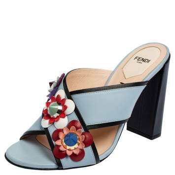 Pre Owned Fendi Blue Leather Flowerland Mule Sandals Size 39