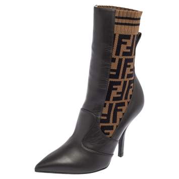 مملوكة مسبقًا Fendi Brown Leather and Fabric Pointed Toe Ankle Boots Size 36