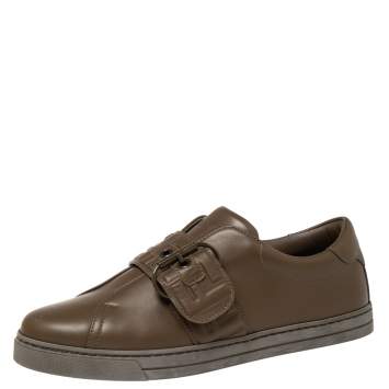 Pre Owned Fendi Olive Green Leather Pearland Slip On Sneakers Size 39