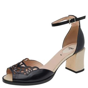 Pre Owned Fendi Black/Beige Laser Cut Leather Block Heel Ankle Strap Sandals Size 39