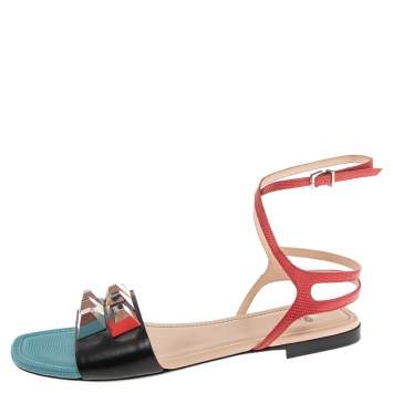 Pre Owned Fendi Multicolor Lizard Embossed Leather Studded Ankle Strap Flat Sandals Size 41