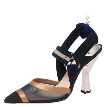 Pre Owned Fendi Navy Blue/Brown Mesh, Leather and Fabric Colibri Slingback Sandals Size 40