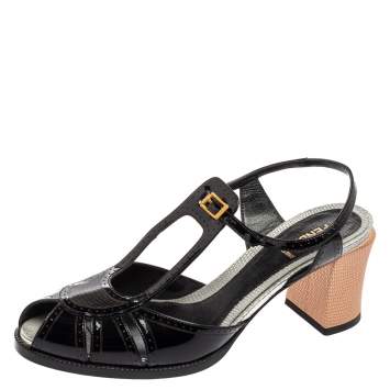 Pre Owned Fendi Black Patent Leather T-Strap Peep-Toe Ankle Strap Sandals Size 41