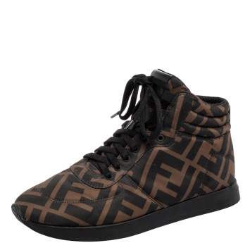 Pre Owned Fendi Green Zucca Nylon High Top Sneakers Size 38