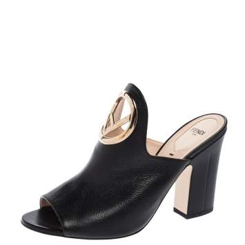 Pre Owned Fendi Black Leather F Logo Open Toe Mule Sandals Size 40