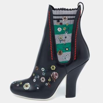 Pre Owned Fendi Black Leather Embroidered Ankle Boots Size 38.5