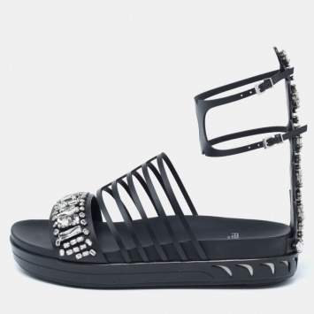 Pre Owned Fendi Black Leather Crystal Embellished Ankle Cuff Flat Sandals Size 40