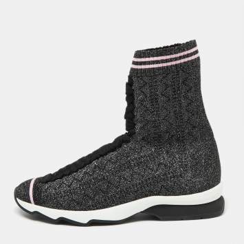 Pre Owned Fendi Silver/Black Stretch Fabric And Glitter Sock High Top Sneakers Size 41
