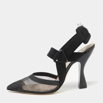 Pre Owned Fendi Black Zucca Mesh and Fabric Colibri Slingback Pumps Size 40