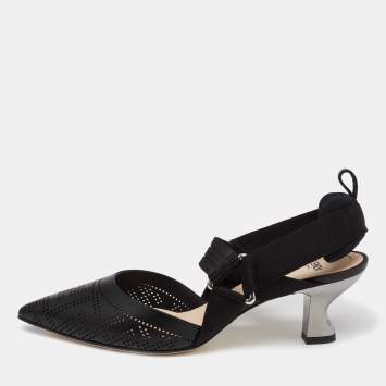 Pre Owned Fendi Black FF Perforated Leather Colibri Slingback Pumps Size 38