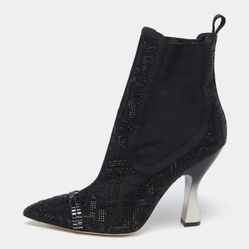 Pre Owned Fendi Black Canvas And Leather Embellished Ankle  Boots Size 38.5
