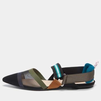 Pre Owned Fendi Multicolor Mesh and Canvas  Colibri Slingback Flat Sandals Size 38