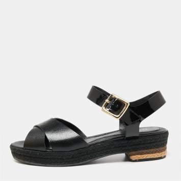 Pre Owned Fendi Black Lizard Embossed Leather And Patent Leather Hydra Ankle Strap Espadrille Sandals Size 38.5