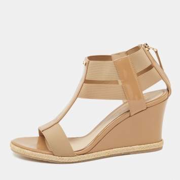 Pre Owned Fendi Beige Patent Leather And Elastic Fabric Carioca Wedge Espadrille Sandals Size 37