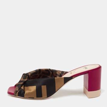 Pre Owned Fendi Tricolor Logo Print Satin Twist Knotted Open Toe Mules Size 40