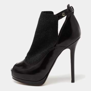 مملوكة مسبقًا Fendi Black Glitter, Suede and Leather Peep-Toe Platform Ankle Boots Size 37