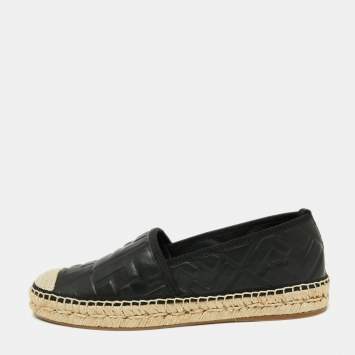 Pre Owned Fendi Black FF Leather Espadrille Flats Size 38