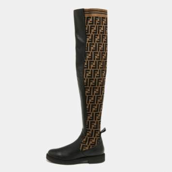 Pre Owned Fendi Black/Brown Leather And FF Zucca Canvas Over The Knee Boots Size 40