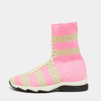 Pre Owned Fendi Pink/Beige Stretch Knit Fabric High Top Socks Sneakers Size 38
