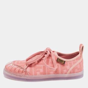 Pre Owned Fendi Pink Canvas And PVC FF Logo Low-Top Sneakers Size 38