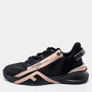 مملوكة مسبقًا Fendi Black/Beige Mesh And Suede Flow Logo Low Top Sneakers Size 38