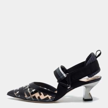 Pre Owned Fendi Black PVC And Leather Colibri Slingback Pumps Size 36