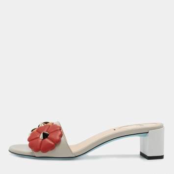 Pre Owned Fendi Grey Leather Flowerland Embellished Block Heel Sandals Size 37