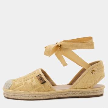 Pre Owned Fendi Yellow FF Logo Embroidered Fabric Ankle Wrap Espadrille Flats Size 37