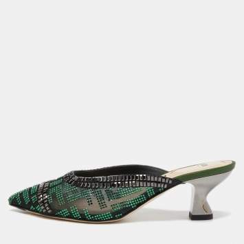 Pre Owned Fendi Green/Black Crystal Embellished Mesh Colibri Mules Size 35