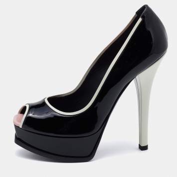Pre Owned Fendi Black/White Patent Leather Fendista Peep Toe Platform Pumps Size 39