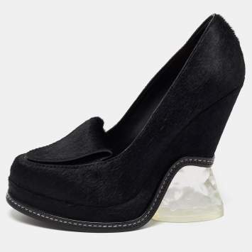 Pre Owned Fendi Black Calf hair Ice Heel Loafers Size 40