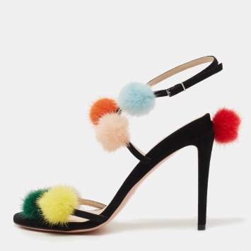 Pre Owned Fendi Black Suede Mink Fur Pompoms Ankle Strap Sandals Size 39