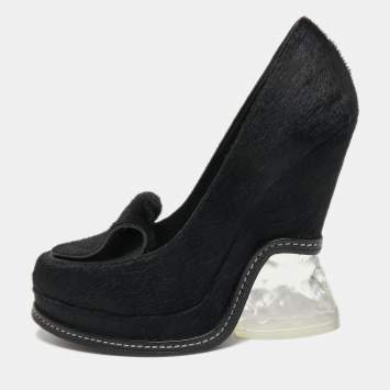 Pre Owned Fendi Black Calf Hair Block Heel Loafer Pumps Size 39