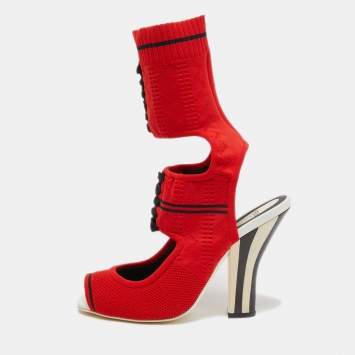 Pre Owned Fendi Red Knit Fabric Peep Toe Cut Out Sandals Size 40
